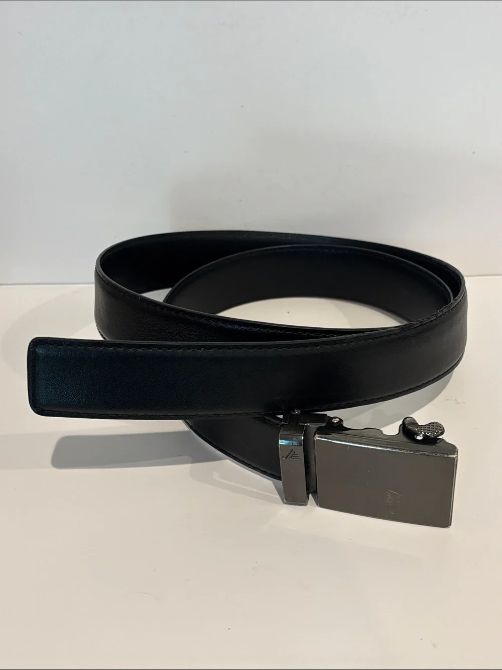 Mission Belt Men's Black Leather Ratchet Belt Gunmetal 44”-46”